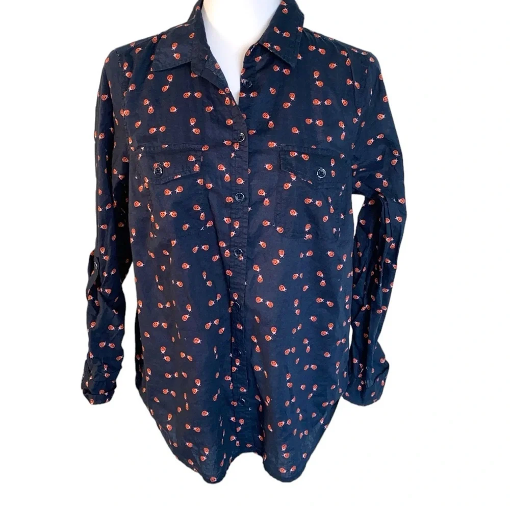 Sonoma Life & Style M Navy Blue 100% Cotton Button-Down Ladybug Print Blouse - Picture 2 of 4